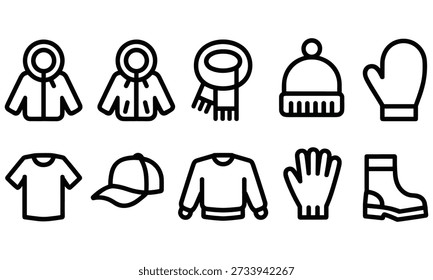 Iconos simples del arte de la línea que representan diversos artículos y accesorios de la ropa para el invierno y el desgaste casual ordenados pulcramente en un fondo blanco, exhibiendo una gama de ropa de chaquetas a los sombreros y a las botas.