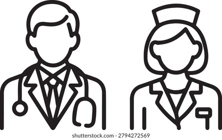 Simple line art icons representing essential healthcare professionals, featuring a kind doctor with a stethoscope and a dedicated nurse in uniform.