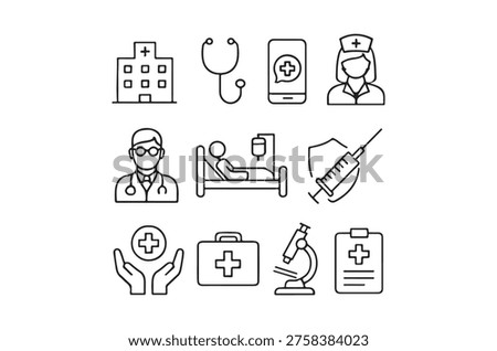 Simple line art icons representing various aspects of medicine and healthcare services.