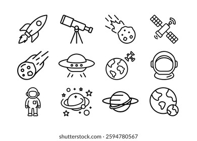 Simple Line Art Icons of Space Exploration