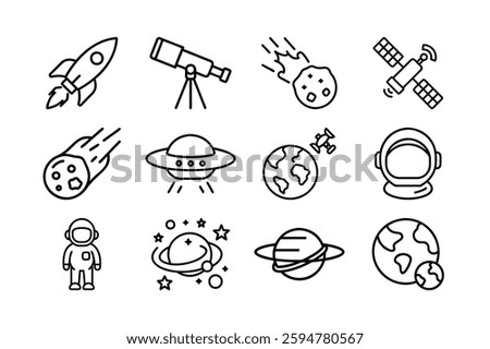 Simple Line Art Icons of Space Exploration