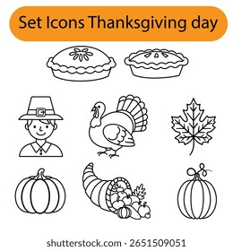 Simple line art icons for Thanksgiving Day: pies, pilgrim, turkey, maple leaf, pumpkin, cornucopia. Clean and cheerful vector set for holiday designs.