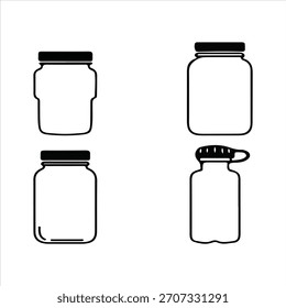 Simple line art icons of various empty jars and a sport bottle