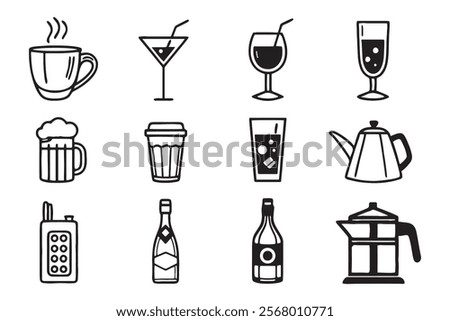 Simple Line Art Icons of Various Beverages and Hot Drinks
