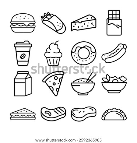  Simple Line Art Icons of Various Food Items