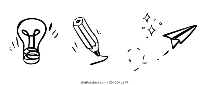Simple line art illustrating a lightbulb, pencil, and paper plane. Black outlined minimalistic design representing creativity and ideas on a white background.
