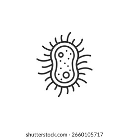 Una ilustración de arte lineal simple de una bacteria con flagelos, aislado sobre un fondo blanco. Esta Imagen representa un microorganismo.