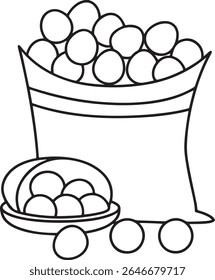 Uma ilustração de uma simples linha de arte de um saco cheio de objetos redondos, com alguns objetos derramados em uma pequena tigela e a superfície abaixo, isolada sobre fundo branco.