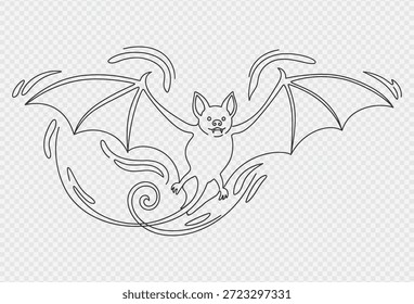 A simple line art illustration of a bat in flight, showcasing its outstretched wings and curled tail, set against a transparent background with a subtle checkered pattern.