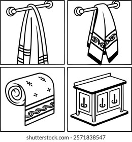 Simple Line Art Illustration of Bathroom and Home Decor Items Vector Illustration of Various Towels Hanging on Racks