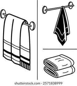 Simple Line Art Illustration of Bathroom and Home Decor Items Vector Illustration of Various Towels Hanging on Racks