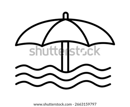 A simple line art illustration of a beach umbrella over wavy water, evoking a relaxed, summery vibe.