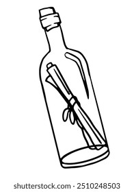 einfache Illustration einer Flasche mit aufgerollter Nachricht, "Nachricht in einer Flasche". Kommunikations-, Abenteuer- und Entdeckungssymbol. Der minimalistische Stil 