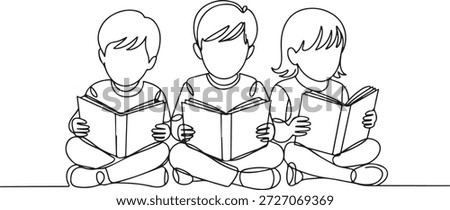 Simple line art illustration of boys and a girl enjoying storytelling and learning