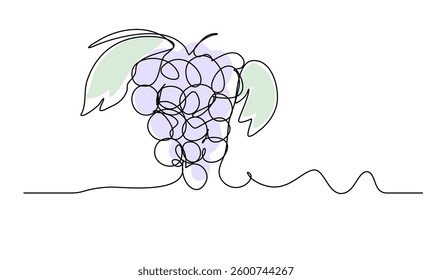 Simple line art illustration of a bunch of grapes with two leaves created in minimalist style. The drawing is composed of continuous swirling lines and soft pastel colors emphasizing elegance.