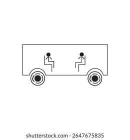 Simple line art illustration of a bus with two passengers sitting inside