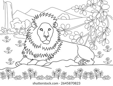 Simple line art illustration of a calm lion resting in a natural landscape, ideal for children's coloring pages and animal themes.