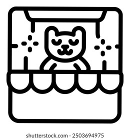 Simple line art illustration of a cat sitting inside a claw machine arcade game