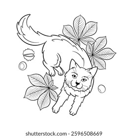Simple line art illustration of cat playing with chestnut leaves. Perfect for coloring books.
