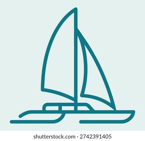 A simple line art illustration of a catamaran sailboat with two sails, rendered in a teal outline on a light background. This graphic represents sailing, marine activities, and water sports.