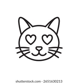 A simple line art illustration of a cat's face featuring heart-shaped eyes. The style is minimalist and cartoonish, using only black lines on a white background. 