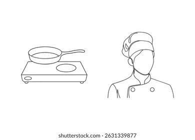Ilustración de arte de línea simple de un chef y una sartén de cocina en una estufa