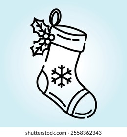 A simple line art illustration of a Christmas stocking with holly and a snowflake design. Perfect for Christmas cards or decorations.