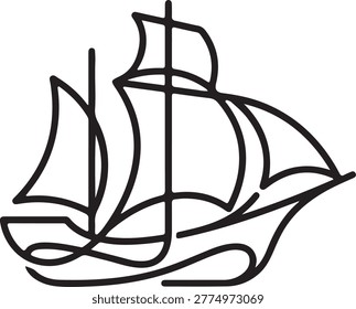 Simple line art illustration of a classic sailing ship with masts and sails featuring a clean minimalist aesthetic in black and white for branding and nautical design.
