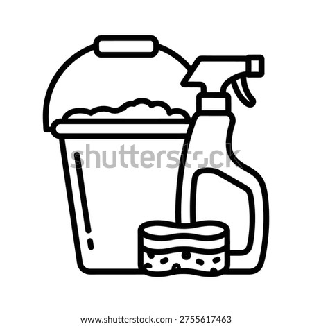 Simple line art illustration of cleaning supplies including a bucket, spray bottle, and sponge, ideal for commercial use.