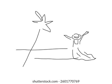 simple line art illustration of a coconut tree, representing summer, beach vibes, and tropical paradise.