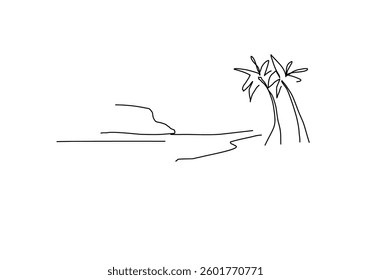 simple line art illustration of a coconut tree, representing summer, beach vibes, and tropical paradise.