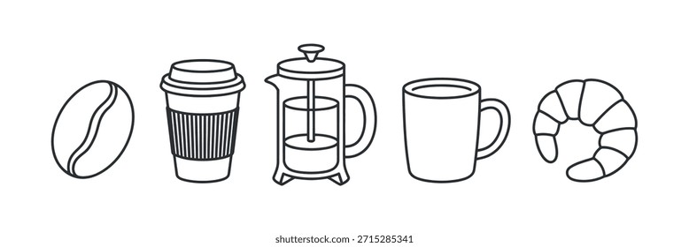 Eine einfache Linie Kunst Illustration von Kaffee Essentials mit einem köstlichen Croissant für einen perfekten Start.