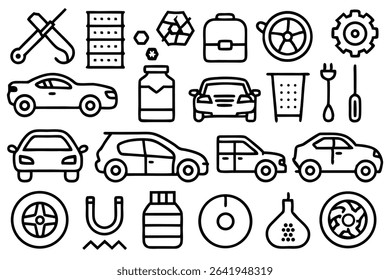 Simple line art illustration collection featuring cars automotive tools and various automotive related objects