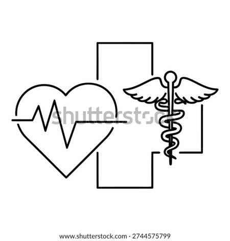 Simple line art illustration combining a heart with an EKG line and a Caduceus symbol, representing healthcare, cardiology, and medical services. The background features a cross shape.