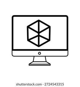 Ilustración de arte lineal simple de un monitor de computadora que muestra una forma geométrica