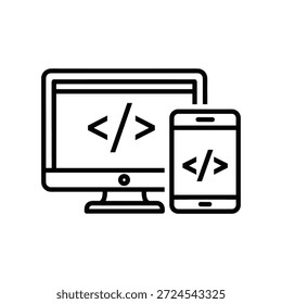 Ilustración simple del arte de la línea de la computadora y de la pantalla móvil que muestra símbolos del código