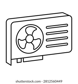 A simple line art illustration of a computer graphics card featuring a cooling fan and heat sink vents for technical hardware design projects.