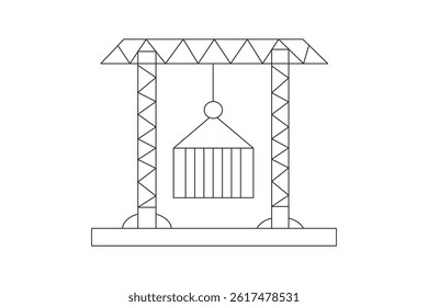 simple line art illustration of a construction crane lifting a cargo pallet at a building site, showcasing minimal architectural and industrial design