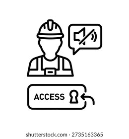 Simple line art illustration of a construction worker with a muted notification bubble and an access control interface.