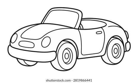 Simple line art illustration of a convertible roadster car with an open top, featuring round headlights and a streamlined body, isolated on a white background for coloring or design.