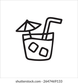 A simple line art illustration of a cool summer drink with ice, a straw, and a small umbrella, perfect for designs related to holidays, relaxation, and tropical themes.