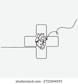 Ilustración de arte lineal simple de una cruz con un corazón que se aleja de ella.