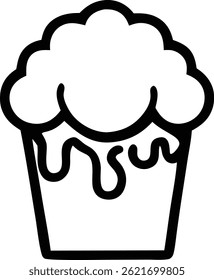 Simple line art illustration of a cupcake with melted icing. Perfect for bakery logos, menus, or dessert-themed designs.