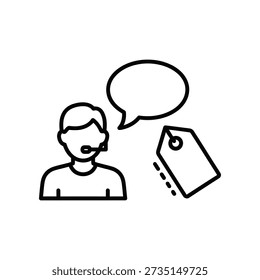 Simple line art illustration of a customer service representative with a headset and speech bubble next to a price tag.