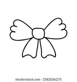 Simple line art illustration of a decorative bow. Black and white doodle style, ideal for gift wrapping designs, holiday decorations, and crafting projects
