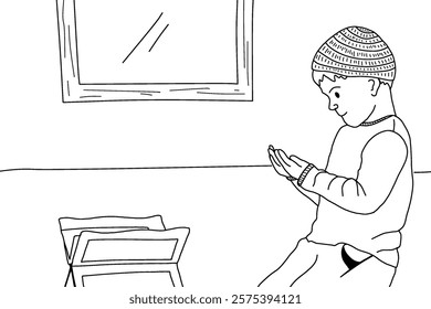 A simple line art illustration depicting a young child praying with devotion. In front of him, there is a Quran stand, and a window is visible in the background.