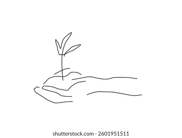 simple line art illustration depicting the growth of a plant from a small seed into a large, thriving tree. 