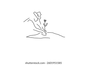 simple line art illustration depicting the growth of a plant from a small seed into a large, thriving tree. 