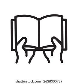 Simple line art illustration depicting hands holding and reading an open book symbolizes knowledge learning education literature literacy and storytelling.
