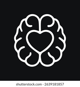 A simple line art illustration depicting a brain with a heart shape inside representing the integration of logic and emotion or emotional intelligence.